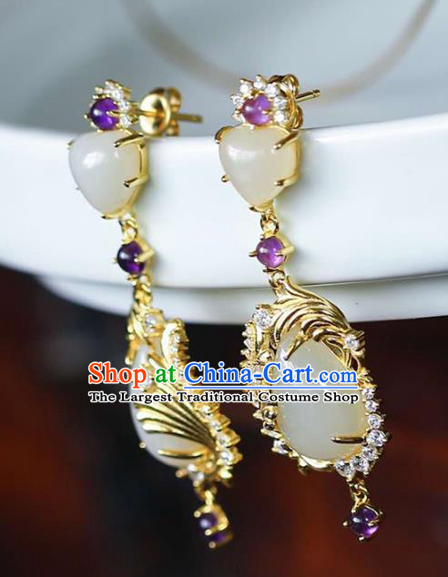 Handmade China Traditional Amethyst Eardrop Accessories National Cheongsam Golden Phoenix Earrings Jewelry