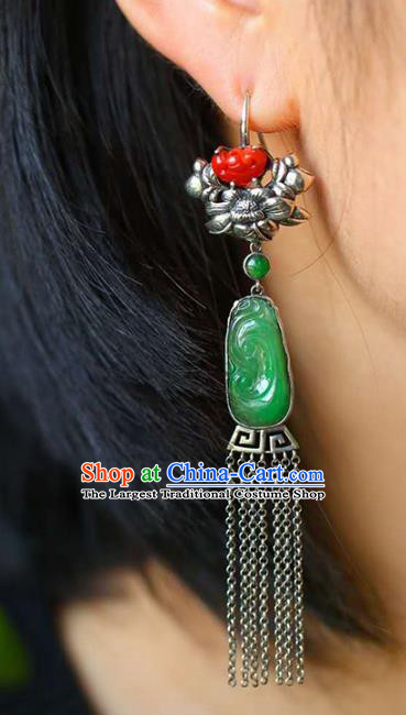 Handmade China Traditional Silver Tassel Eardrop National Jewelry Accessories Cheongsam Jadeite Earrings