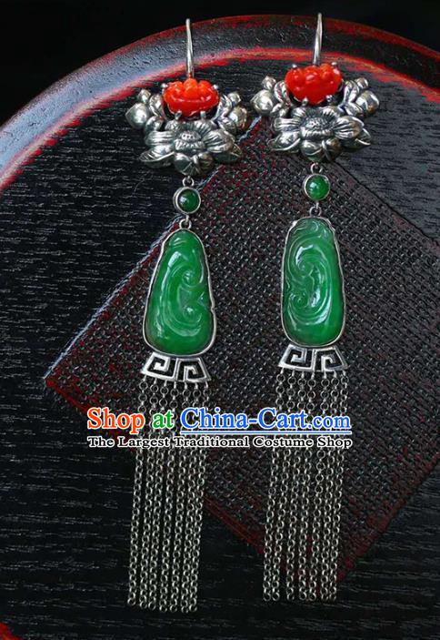 Handmade China Traditional Silver Tassel Eardrop National Jewelry Accessories Cheongsam Jadeite Earrings