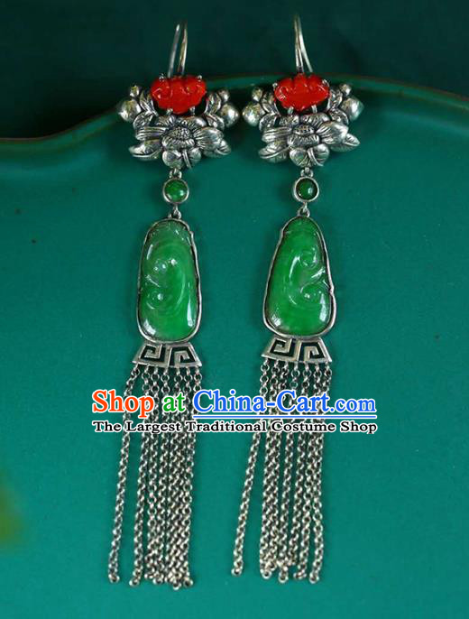 Handmade China Traditional Silver Tassel Eardrop National Jewelry Accessories Cheongsam Jadeite Earrings