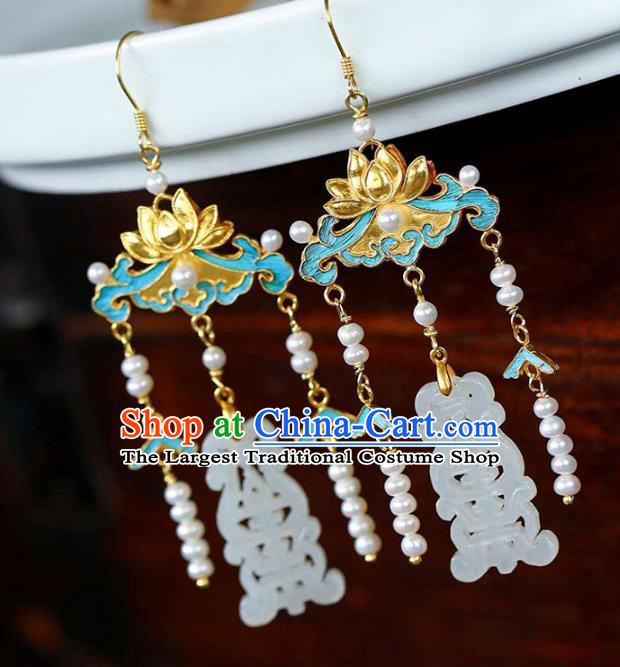 Handmade China Traditional Lotus Eardrop Accessories National Jade Jewelry Cheongsam Pearls Tassel Earrings