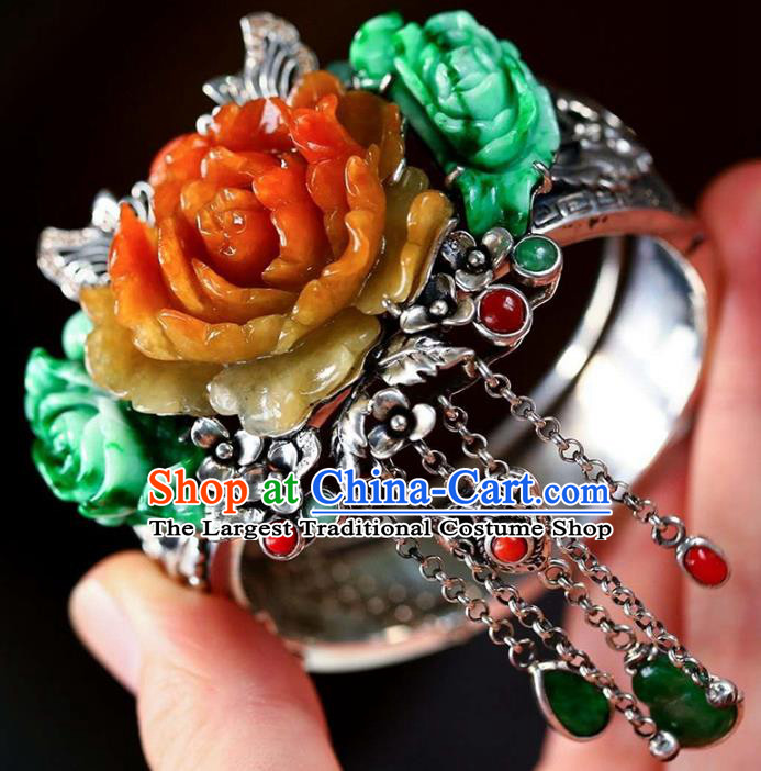 China Handmade Silver Tassel Bracelet Traditional Jewelry Accessories National Jade Carving Peony Bangle