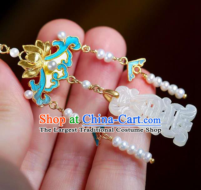 Handmade China Traditional Lotus Eardrop Accessories National Jade Jewelry Cheongsam Pearls Tassel Earrings