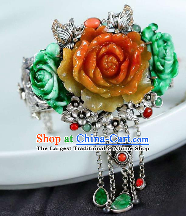 China Handmade Silver Tassel Bracelet Traditional Jewelry Accessories National Jade Carving Peony Bangle