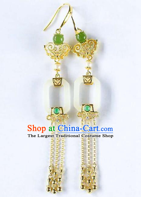 Handmade China Cheongsam Golden Tassel Earrings Traditional National Jewelry Jade Eardrop Accessories