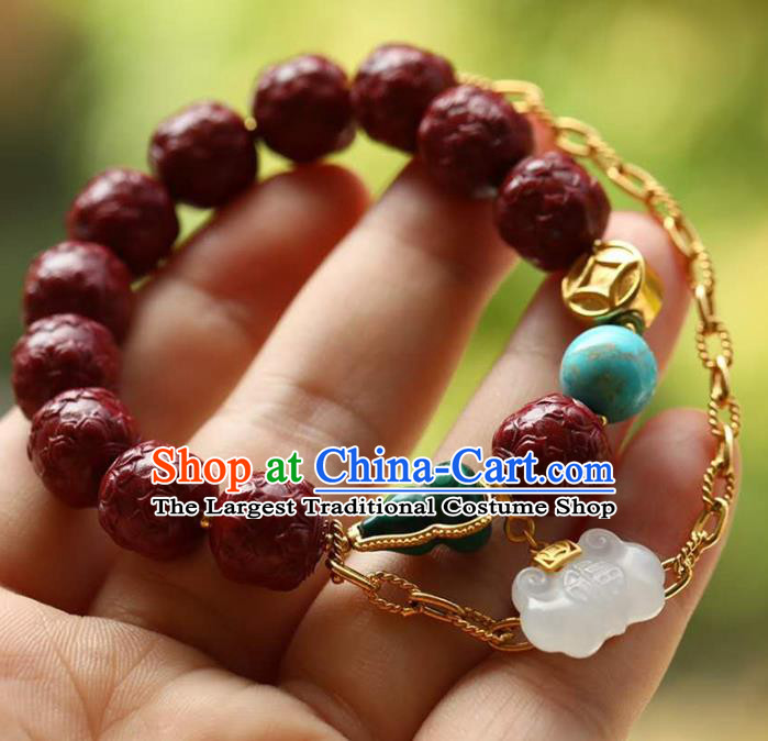 China Handmade Jade Lock Bracelet Traditional Jewelry Accessories National Vermilion Carving Lotus Bangle