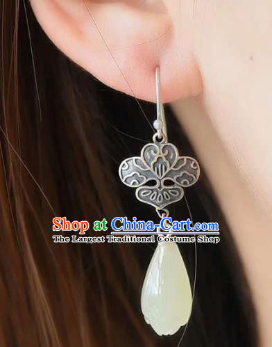 Handmade China National Jade Mangnolia Earrings Traditional Jewelry Cheongsam Eardrop Silver Accessories