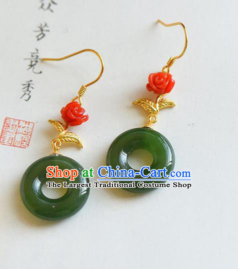 Handmade China Cheongsam Red Rose Eardrop Accessories National Jade Earrings Traditional Jewelry