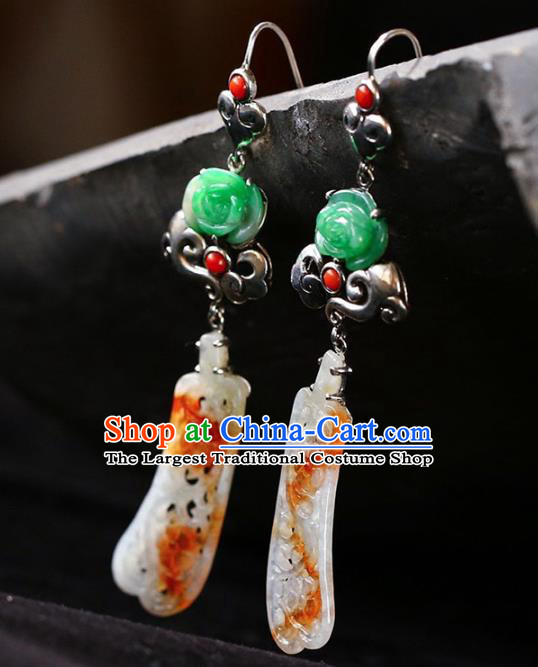Handmade China Cheongsam Silver Eardrop Accessories Traditional Jewelry National Jadeite Earrings