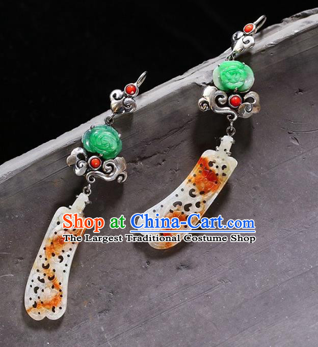 Handmade China Cheongsam Silver Eardrop Accessories Traditional Jewelry National Jadeite Earrings