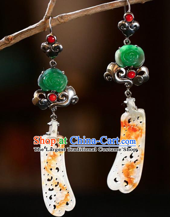 Handmade China Cheongsam Silver Eardrop Accessories Traditional Jewelry National Jadeite Earrings