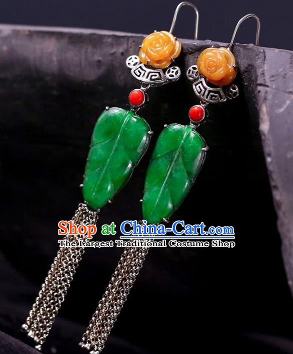 Handmade China National Jade Leaf Earrings Cheongsam Tassel Eardrop Accessories Traditional Silver Jewelry
