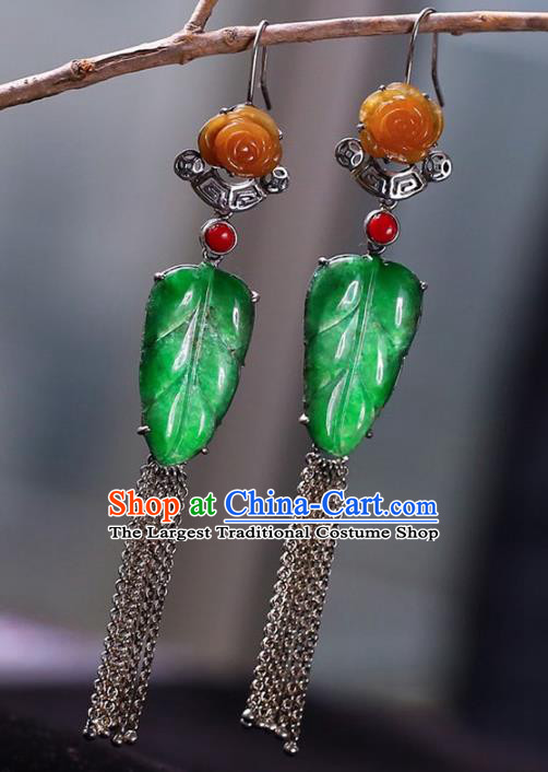 Handmade China National Jade Leaf Earrings Cheongsam Tassel Eardrop Accessories Traditional Silver Jewelry