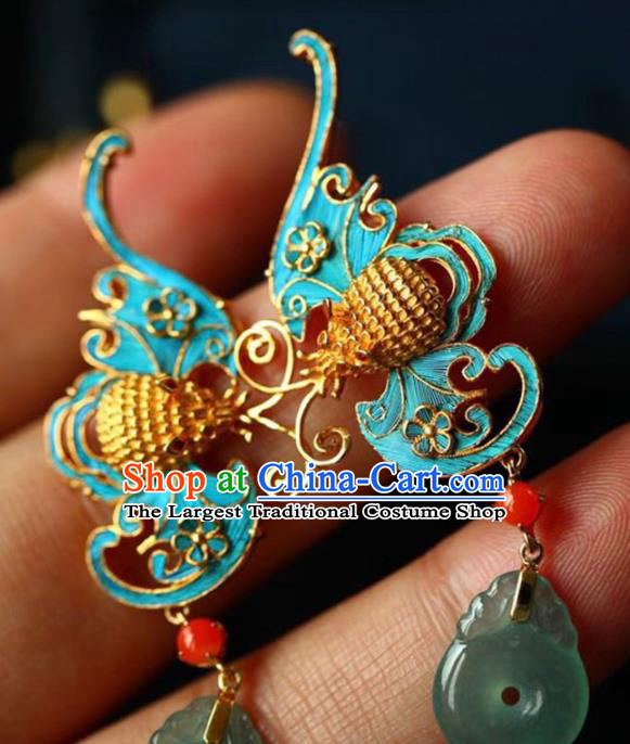 Handmade China Cheongsam Blue Bat Eardrop Accessories National Earrings Traditional Jade Jewelry
