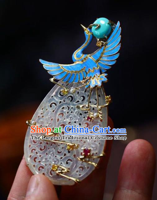 Chinese National Classical Blueing Crane Necklace Accessories Handmade Jade Carving Necklet Pendant
