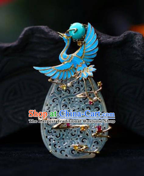 Chinese National Classical Blueing Crane Necklace Accessories Handmade Jade Carving Necklet Pendant