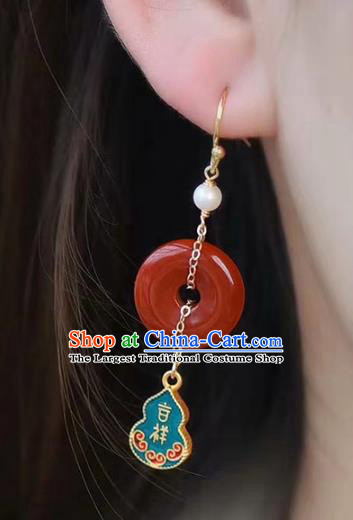 Handmade China National Enamel Gourd Earrings Traditional Jewelry Cheongsam Agate Peace Buckle Eardrop Accessories