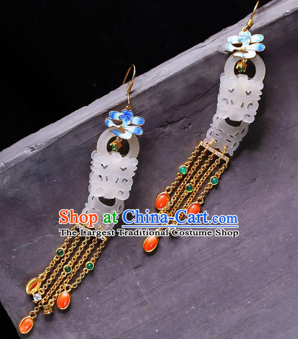 Handmade China National Tassel Earrings Traditional Blueing Jewelry Accessories Cheongsam Jade Eardrop