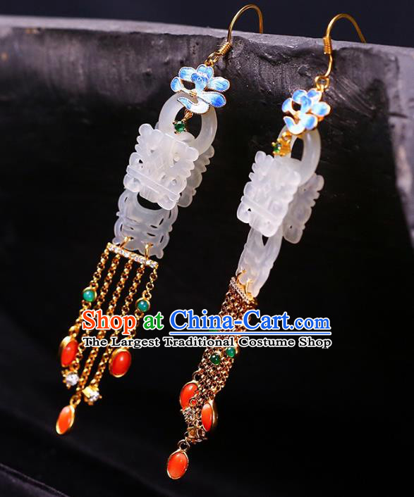 Handmade China National Tassel Earrings Traditional Blueing Jewelry Accessories Cheongsam Jade Eardrop
