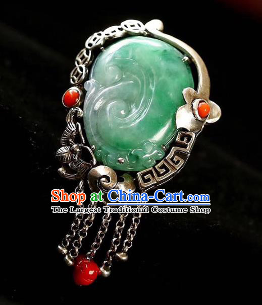 Chinese National Silver Tassel Ring Jewelry Traditional Handmade Jade Carving Circlet Accessories