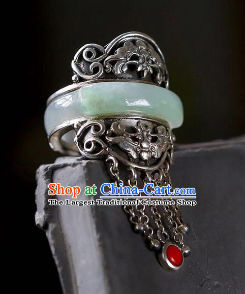 Chinese National Jade Ring Jewelry Traditional Handmade Silver Tassel Circlet Accessories