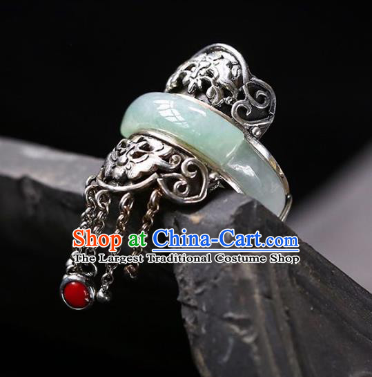 Chinese National Jade Ring Jewelry Traditional Handmade Silver Tassel Circlet Accessories
