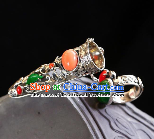 Chinese Traditional Handmade Accessories Nail Wrap with Jadeite Ring National Retro Silver Jewelry