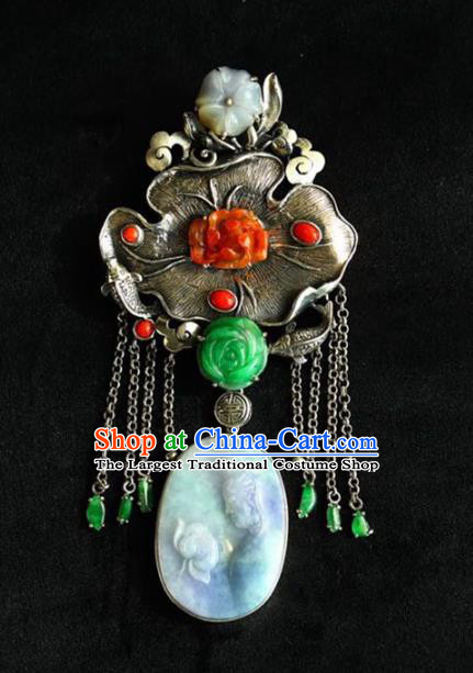 Chinese National Classical Silver Lotus Leaf Necklace Accessories Handmade Jade Goddess Guanyin Necklet Pendant