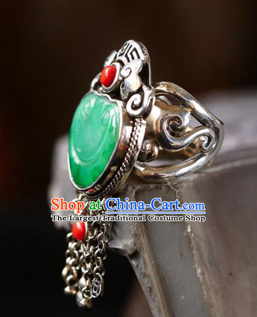 Chinese National Jadeite Carving Cloud Ring Jewelry Traditional Handmade Silver Tassel Circlet Accessories