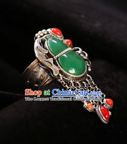 Chinese National Jadeite Gourd Ring Jewelry Traditional Handmade Agate Tassel Circlet Silver Accessories