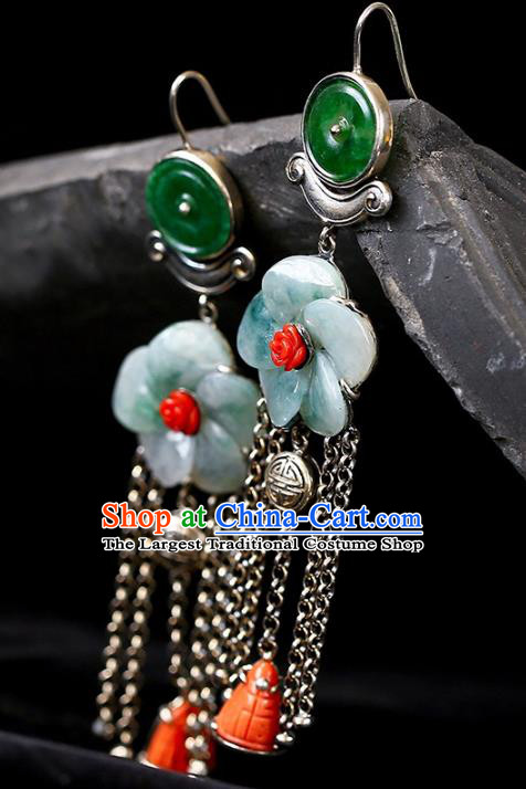 Handmade China National Silver Tassel Earrings Traditional Jewelry Accessories Cheongsam Jade Plum Eardrop