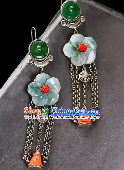 Handmade China National Silver Tassel Earrings Traditional Jewelry Accessories Cheongsam Jade Plum Eardrop