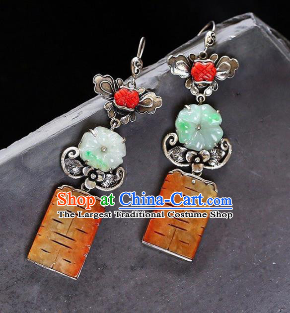 Handmade China Traditional Wedding Jewelry Accessories Cheongsam Jade Eardrop National Silver Earrings