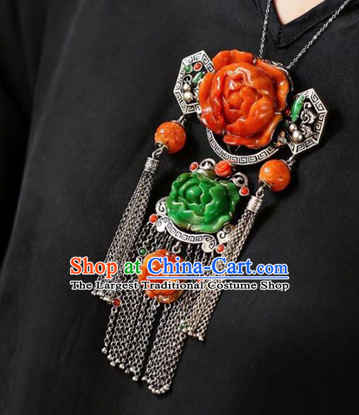 Chinese National Classical Jade Carving Peony Accessories Handmade Silver Tassel Necklet Pendant