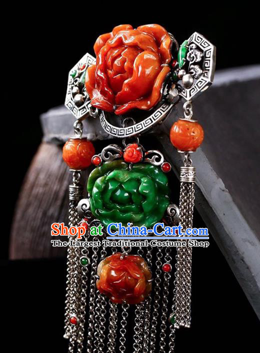 Chinese National Classical Jade Carving Peony Accessories Handmade Silver Tassel Necklet Pendant