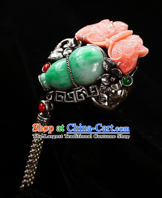 Chinese Traditional Handmade Jade Accessories Agate Butterfly Ring National Silver Circlet Jewelry