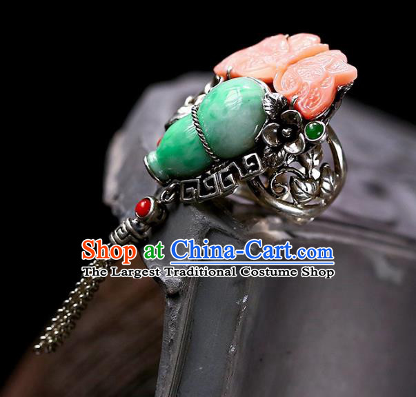 Chinese Traditional Handmade Jade Accessories Agate Butterfly Ring National Silver Circlet Jewelry