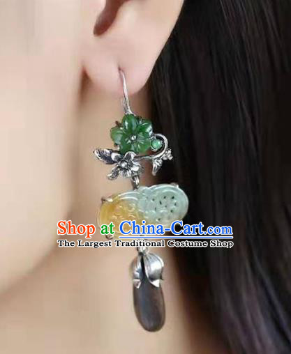 Handmade China Silver Flower Eardrop Jewelry Traditional Cheongsam Eaglewood Accessories National Jade Earrings