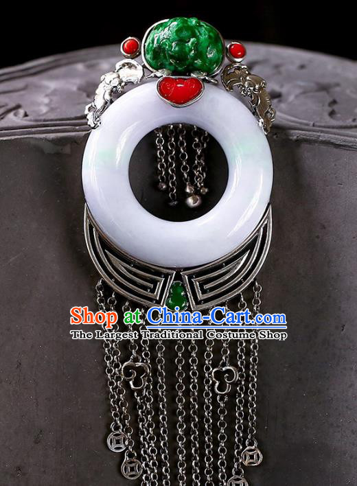 Chinese Handmade Silver Tassel Necklet Pendant National Classical Jade Necklace Accessories