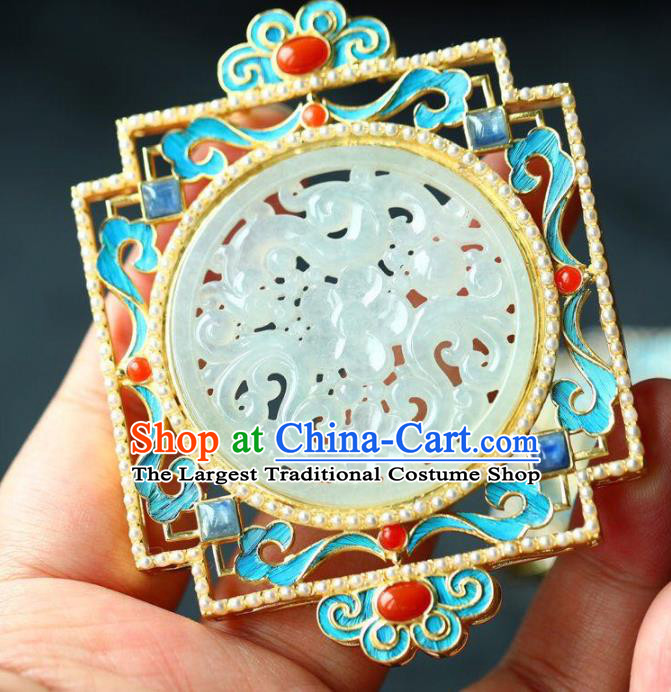 Chinese Classical Jade Carving Necklet Pendant Handmade Cloisonne Accessories National Necklace