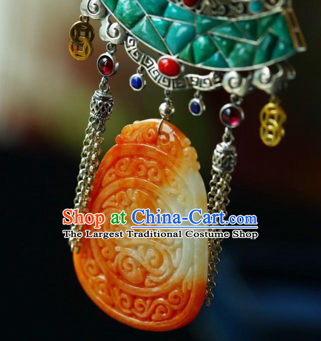 Chinese Classical Kallaite Silver Necklet Pendant Handmade Accessories National Jade Carving Necklace