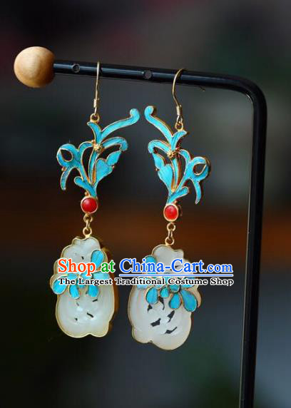 Handmade China White Jade Eardrop Jewelry Traditional Accessories National Cheongsam Orchid Earrings