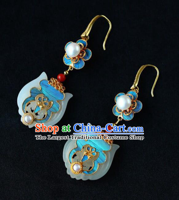 Handmade China Eardrop Jewelry Traditional Pearls Accessories National Cheongsam White Jade Earrings