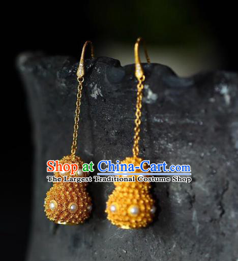 Handmade China Pearls Eardrop Jewelry Traditional Accessories National Cheongsam Golden Gourd Earrings