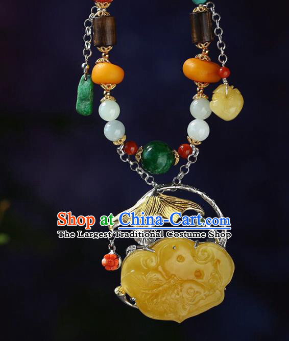Chinese Classical Beeswax Carving Necklet Pendant Handmade Accessories National Jade Beads Necklace