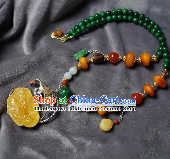 Chinese Classical Beeswax Carving Necklet Pendant Handmade Accessories National Jade Beads Necklace