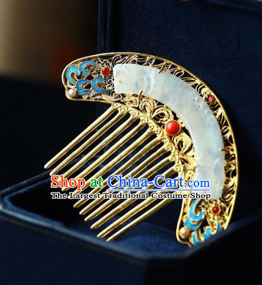 Chinese Handmade Qing Dynasty Court Jade Accessories Traditional Ancient Empress Golden Hair Comb Jewelry
