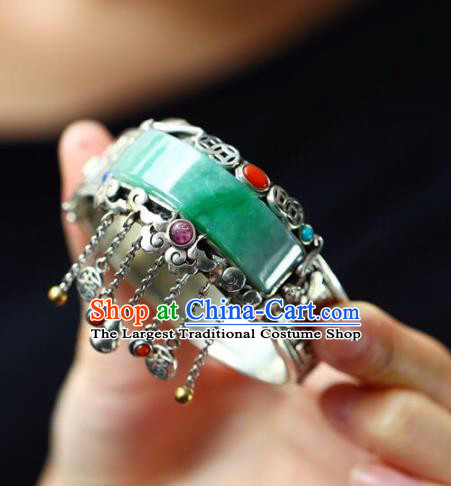 China National Silver Carving Bangle Traditional Court Jewelry Accessories Handmade Gourd Tassel Jadeite Bracelet