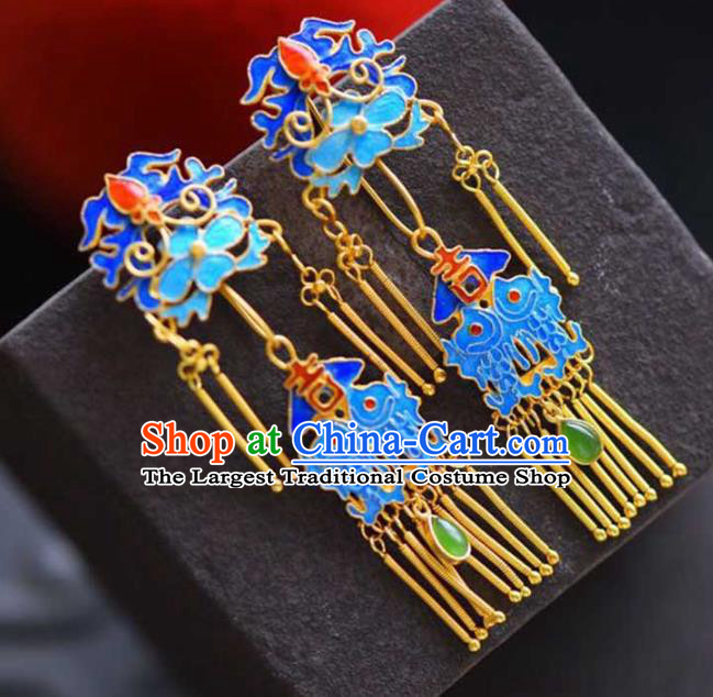 Handmade China Blueing Bat Eardrop Jewelry Traditional Accessories National Cheongsam Golden Tassel Earrings