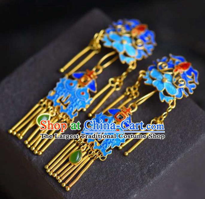 Handmade China Blueing Bat Eardrop Jewelry Traditional Accessories National Cheongsam Golden Tassel Earrings